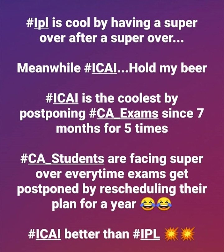 A friend posted this on insta.
Couldn't be more accurate.

#KXIPvMI
#CAexams