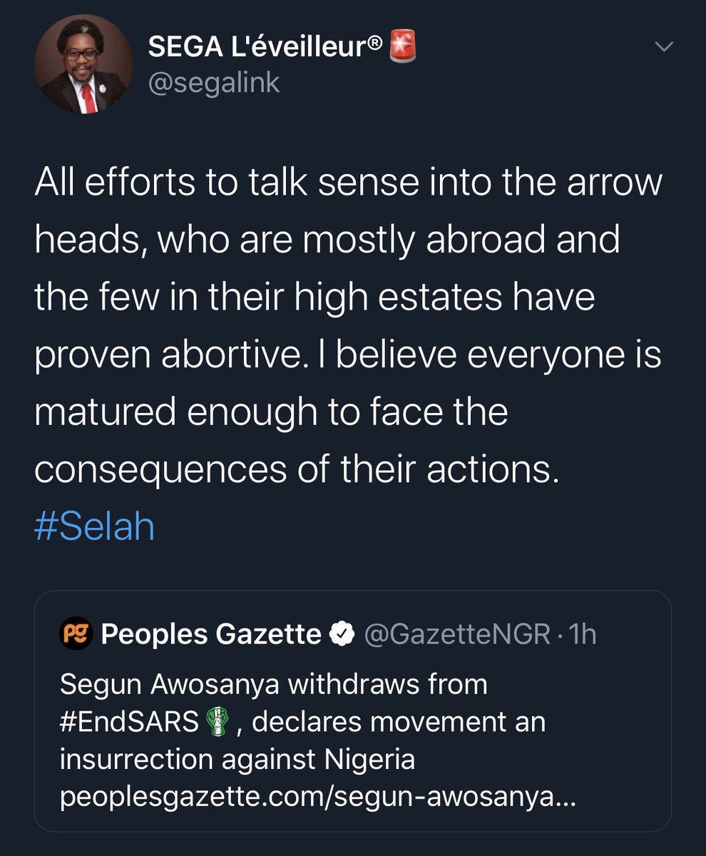 I want you guys to understand how dangerous this narrative is. He is accusing peaceful protesters of treason. He’s not speaking as an independent individual; he is speaking as a friend of “power” and the police who has access to vital information that we don’t. THREAD.  #EndSARS  