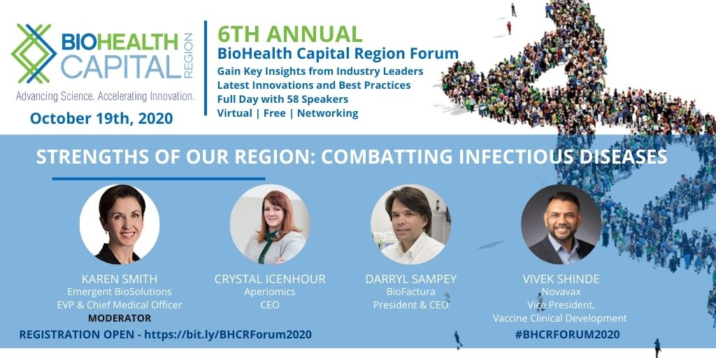EmergentWeGo's tweet photo. Join Dr. Karen Smith as she moderates the panel "Strengths of Our Region: Combating Infectious Diseases" at 12:45PM EST during the 6th Annual BioHealth Capital Region Forum on Monday, October 19. Register: https://t.co/tNRMHpA05c #BHCRForum2020 #BHCR https://t.co/nYnDJZwKQc