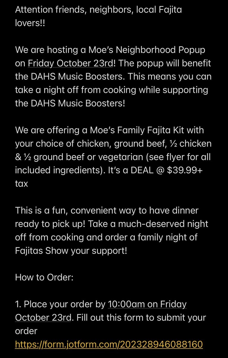 DTWildcatBand's tweet photo. Looking for a night off of cooking, then think about supporting the Dallastown Music Boosters, with their Moe’s Neighborhood Popup.   Follow the link to order!! @Moes_HQ @DallastownSD @DtownHighSchool @DallastownMS @DAISCommunity 
https://t.co/isKtY0XWng https://t.co/L6RoA4d9AL