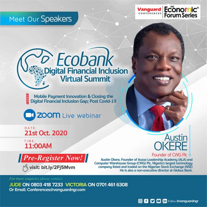 revampinsights's tweet image. #3DaysCountdown 
Austin Okere is the Founder of CWG PLC and the Ausso Leadership Academy. He has an MBA from IESE Business School, and over 25 years entrepreneurial experience.
#Finance
#financialInclusion @ecobank_nigeria #DigitalFinance #DigitalTransformation