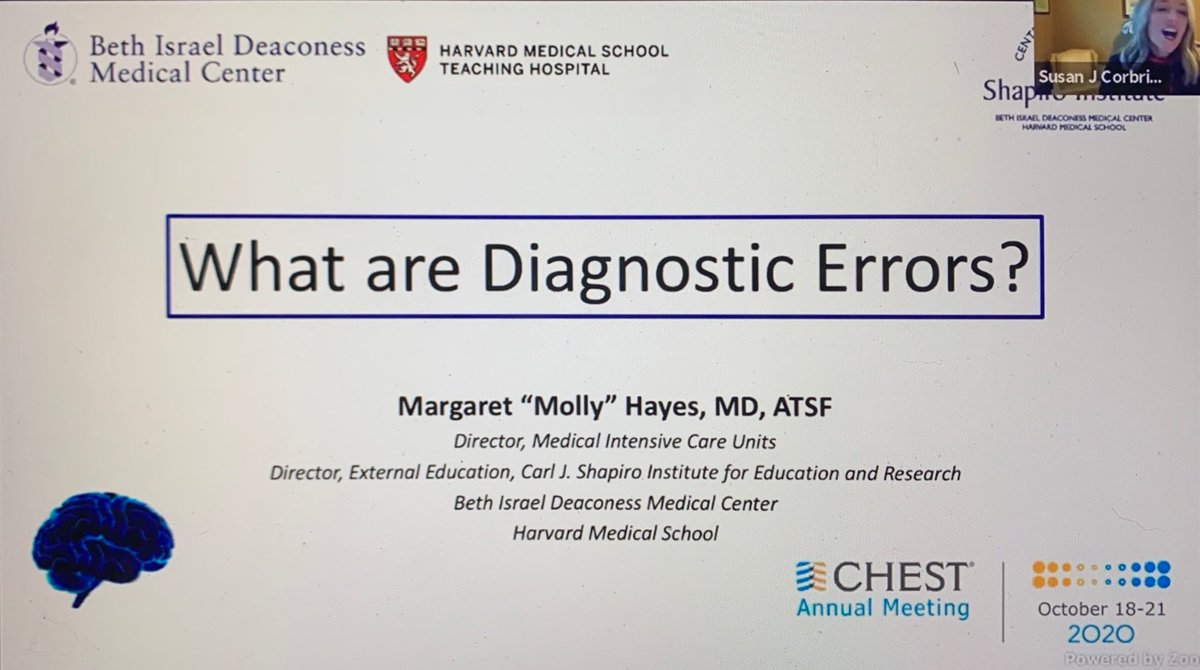 Next I'll be tweeting the session on "Diagnostic Errors: Seeing the Blindspot of Healthcare Delivery!" First up is Dr. Molly Hayes with "What are Diagnostic Errors?"!  #CHEST2020