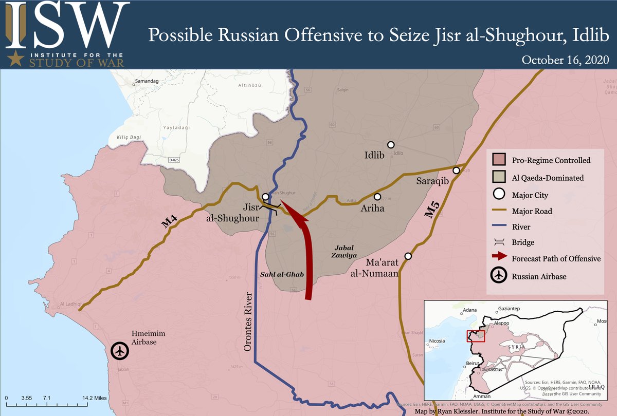 Regime forces tried and failed to take Jisr al-Shughour through the mountainous terrain to the city's west on several occasions since 2015. More-capable Russian forces may succeed, particularly as regime gains have set conditions for an attack from the city's east.