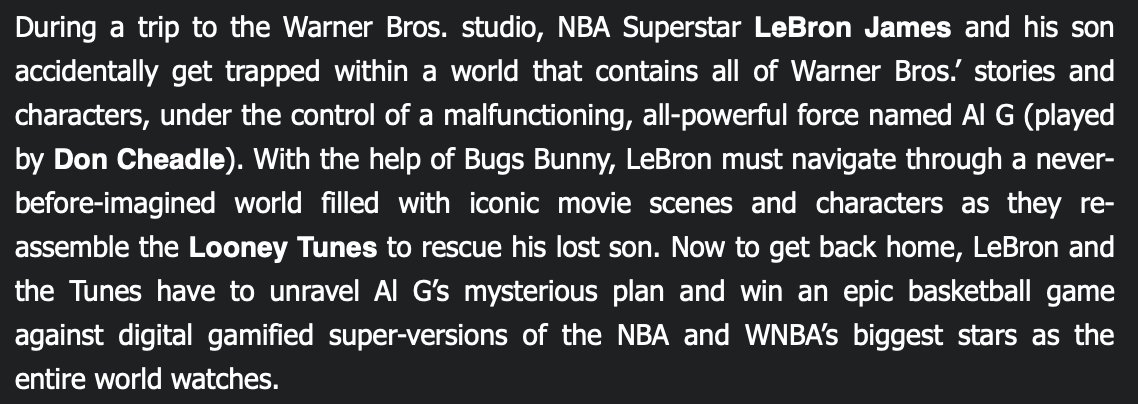 The synopsis for SPACE JAM: A NEW LEGACY is certifiably bananas and I for one cannot wait to see it