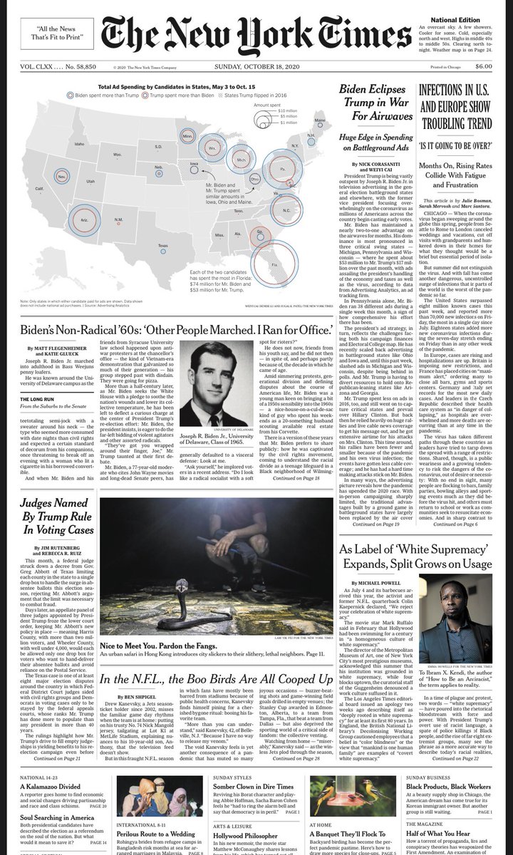 Oct. 18, 2020NYT: Biden is no radicalWaPo: Conservative-leaning Americans hold socially-distanced gathering in Sturgis — with no mention of Black Lives Matter, despite pandemic Real news: Twitter bans New York magazine for running story critical of presidential candidate.
