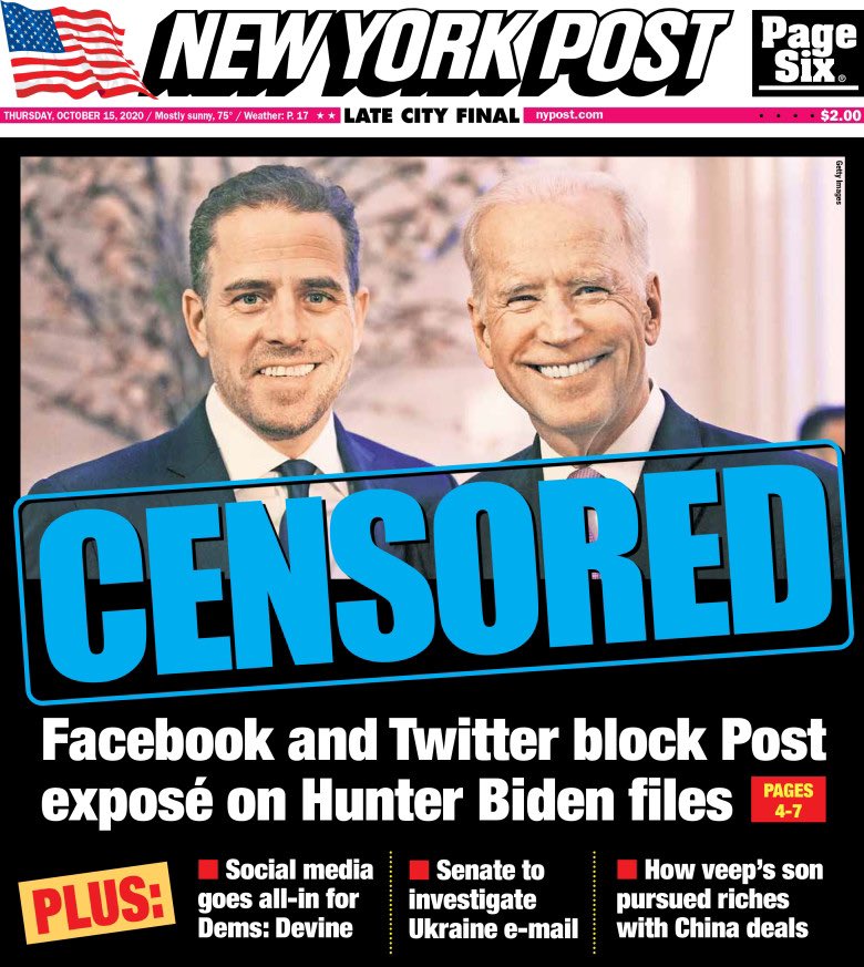 Oct. 18, 2020NYT: Biden is no radicalWaPo: Conservative-leaning Americans hold socially-distanced gathering in Sturgis — with no mention of Black Lives Matter, despite pandemic Real news: Twitter bans New York magazine for running story critical of presidential candidate.