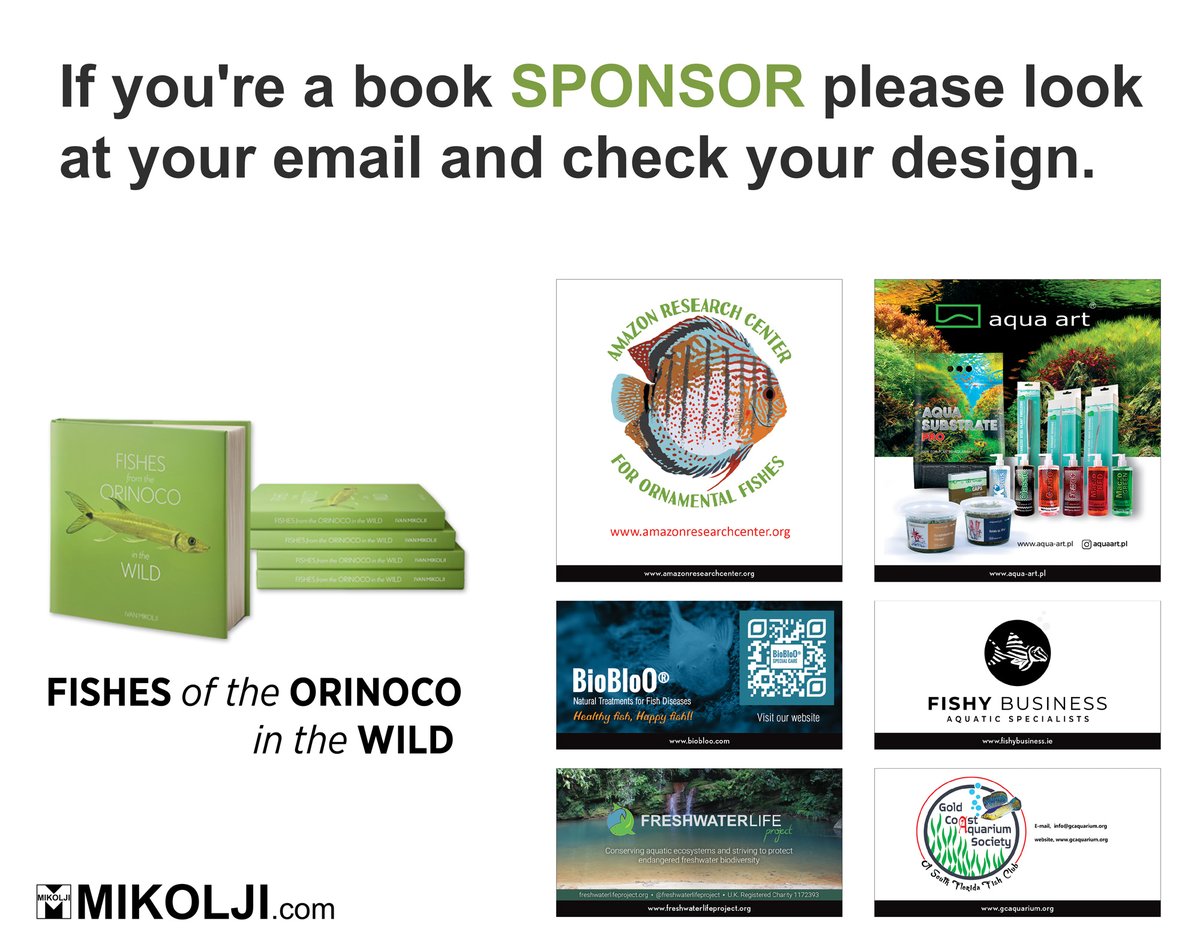 Mikolji's tweet photo. We sent out an email to all our book Sponsors October, 16th, 2020 to check and make sure there are no errors in your design.
If you didn't get the email please send a note to info@mikolji.com
https://t.co/fCv2gm0zD7
Fishes of the Orinoco in the Wild
#mikolji #fishbook #biotope https://t.co/Vv3hVa3Rk5