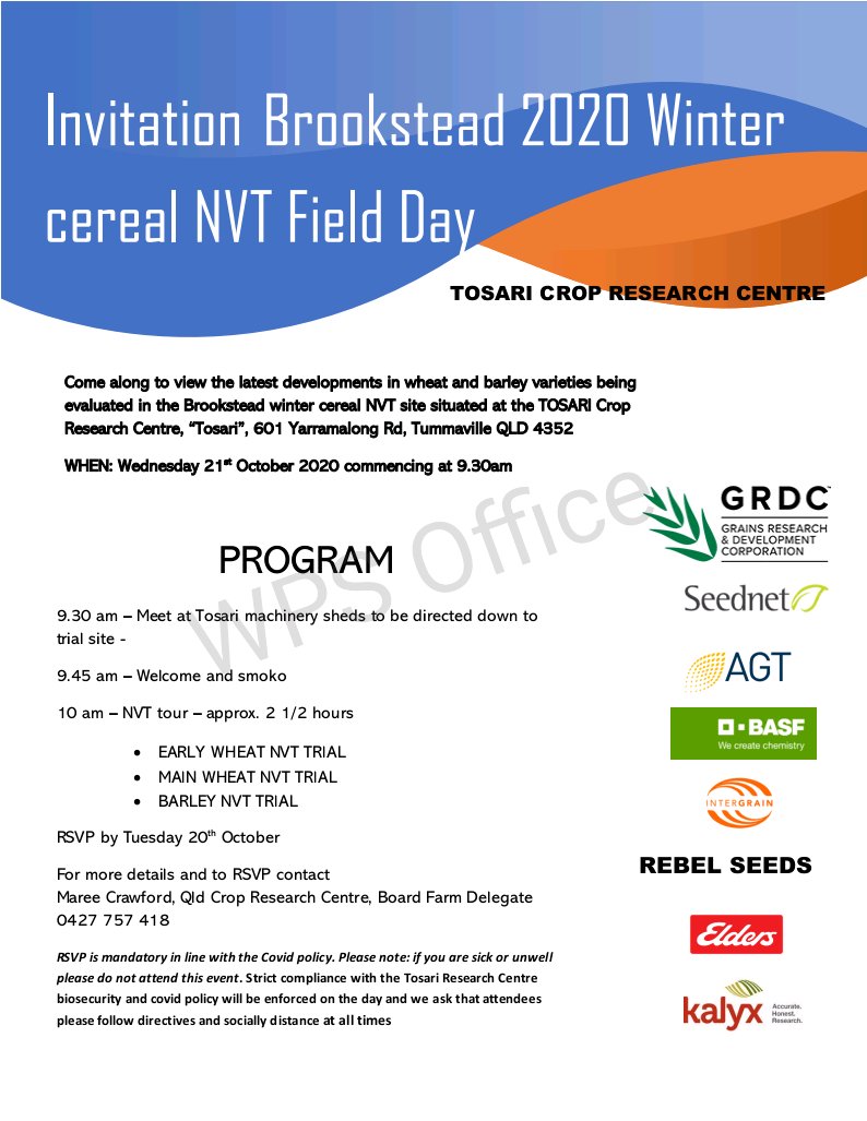 There will be field walk through the NVT trials at the "Tosari" Research station on the 20th. All are invited to attend. Great opportunity to see new genetics in the field and speak to seed company representatives. <a href="/NVT_Online/">@NVT_Online has moved to @GRDC_NVT</a>. <a href="/kalyx_australia/">Eurofins Kalyx</a>. <a href="/GRDCNorth/">GRDC North</a>. <a href="/theGRDC/">GRDC</a>.
