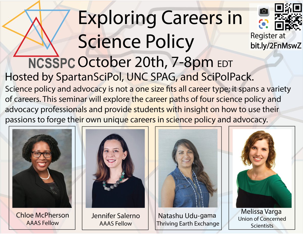 SpartansSciPol's tweet image. Don&apos;t&apos; forget to sign up for the next installment of #NCSSPC on Tuesday, Oct. 20th from 7-8pm EST! We&apos;re exploring #Scipol &amp;amp; #Advocacy careers with four incredible panelists! 🙌

Register for our event here 👇
forms.gle/xfvdTnDhiab17v…