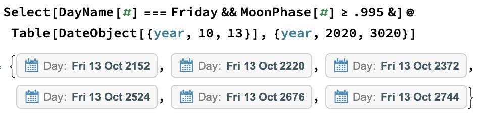 I then modified my algo to include any Friday where the moon’s illumination met or exceeded 99.5%.With this new cutoff I found the 3 more occurrences of the spookiest day of the year
