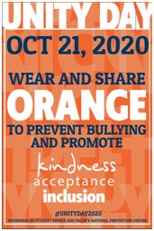 DannellyElemen2's tweet photo. What are your true colors when it comes to bullying? Unity Day is a nationwide event to unite in the commitment to stop bullying and to promote healthier communities. Join Dannelly Elementary in celebrating Unity Day 2020 by wearing  ORANGE  on Wednesday, October 21, 2020 https://t.co/fNhsmS4oWw