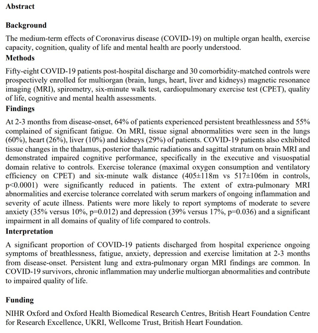 The post-acute symptoms appear to arise primarily from a combination of lingering pulmonary damage, persistent inflammation, and vascular endothelial damage.Cognitive problems are suspected to result from the latter two.Limitations include a lack of endocrine panel data.