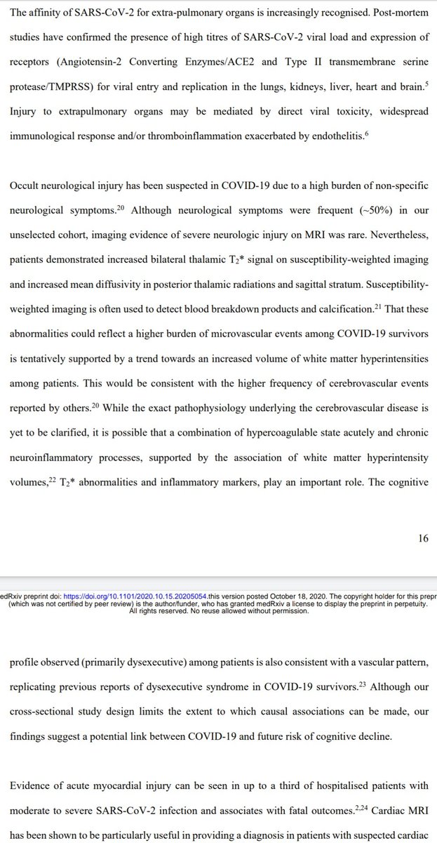 The post-acute symptoms appear to arise primarily from a combination of lingering pulmonary damage, persistent inflammation, and vascular endothelial damage.Cognitive problems are suspected to result from the latter two.Limitations include a lack of endocrine panel data.