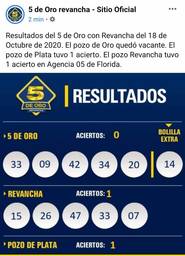 #AHORA Por segundo fin de semana consecutivo el 5 de Oro cae en Florida. En este caso fue el Pozo Revancha. La boleta ganadora la pasó la Agencia N°5