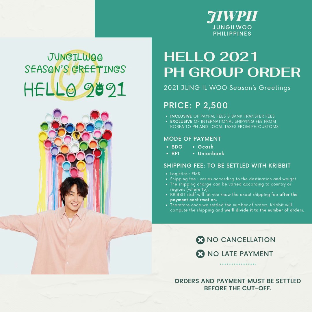 JungilwooPH's tweet photo. [PRE-ORDER] HELLO 2021 JIW CALENDAR PH GROUP ORDER

Cut-off: 𝐎𝐜𝐭𝐨𝐛𝐞𝐫 𝟑𝟎, 𝟐𝟎𝟐𝟎

For sure orders, kindly fill out this form:
https://t.co/0Xog9rx4TD

More details: https://t.co/YMpmTynasc

#jungilwoo #jilwww #정일우 #丁一宇 #チョンイル  #HELLO2021 #Kribbit https://t.co/ZzP8J7mRh4