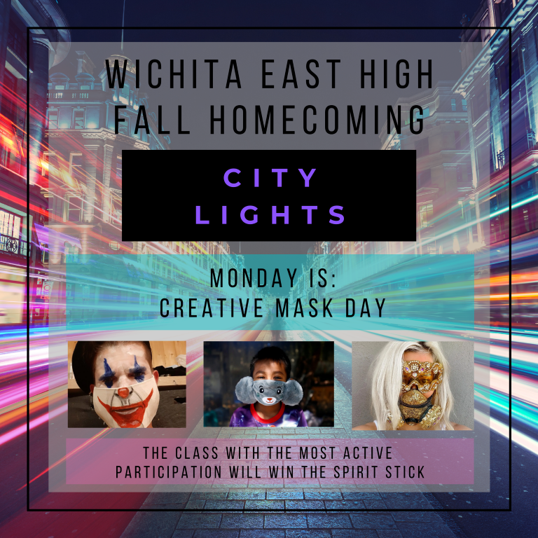 EastHighAces's tweet photo. Fall Homecoming 2020 Spirit Week starts tomorrow with Creative Mask Day! #WeFlyTogether #EHSCityLights https://t.co/m0KDzI4Mrw