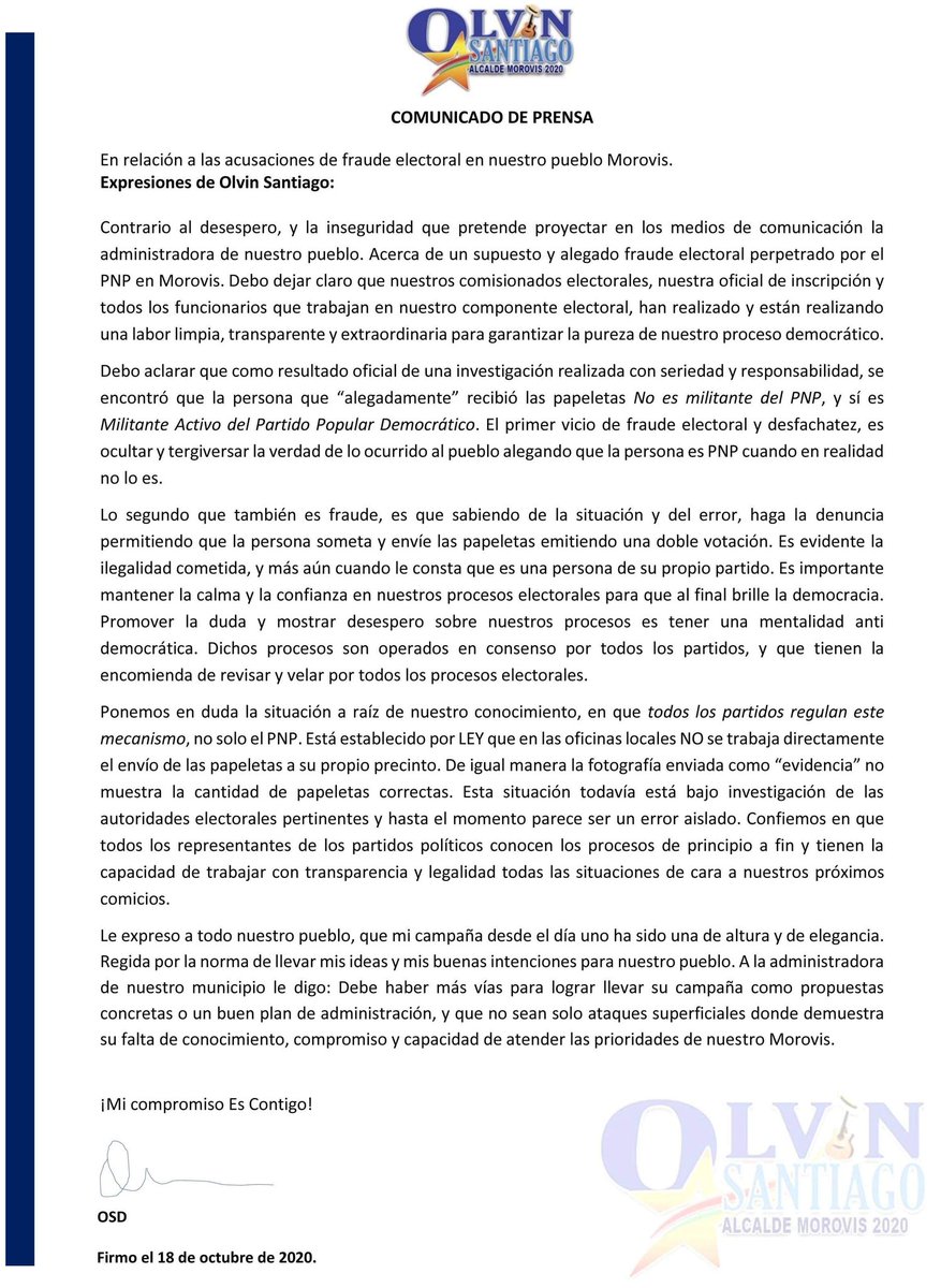 Morovis_Es_Pnp's tweet photo. Comunicado de @santiago_olvin Con relación a las acusaciones de la Alcaldesa de Morovis, donde difama a nuestro Partido Nuevo Progresista insinuando fraude electoral. @pedropierluisi @PProbada @pnp_pr @Papeletarosapr1 @CamaraConPR @trschatz51 @JGO_2020 @MundoEF https://t.co/39LR3VyM67
