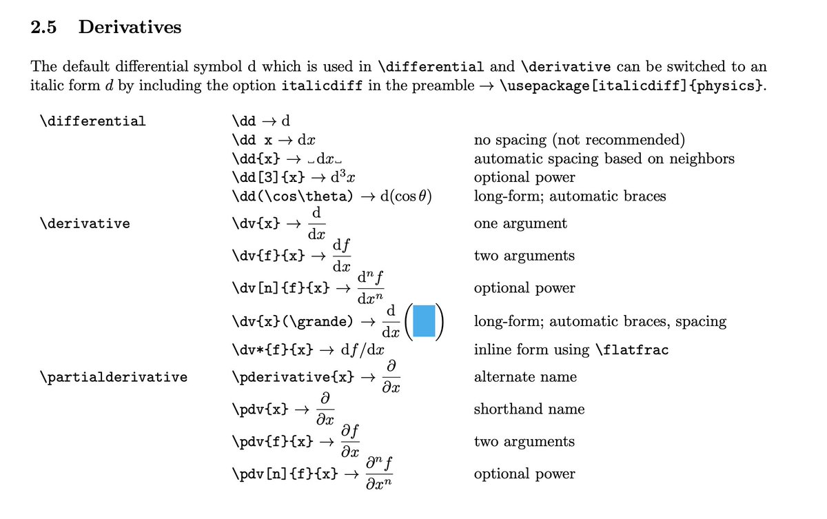 I regret not reading through the full LaTeX physics package earlier; so many more features than I realized. Many commands that I usually define by hand...

e.g., some macros for partial derivatives:

mirrors.ibiblio.org/CTAN/macros/la…
