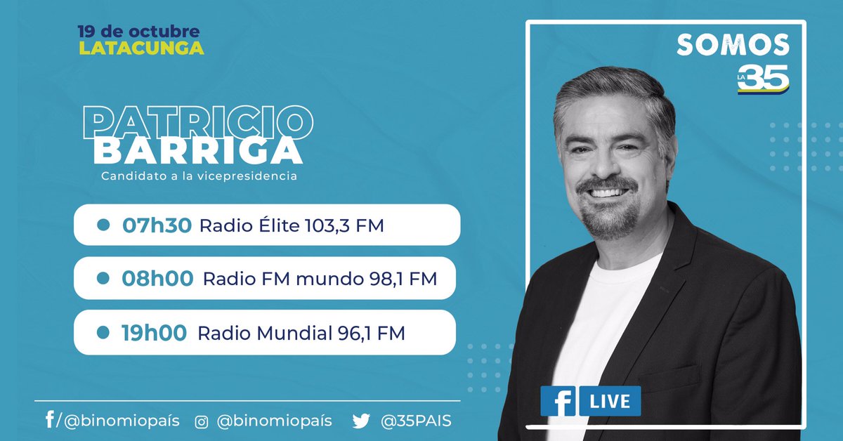 Mañana, desde las 7h30, acompaña a Patricio Barriga candidato a la vicepresidencia, en su agenda de entrevistas, en las cuales hablará de temas de interés nacional. 
#BinomioAP #SomosLa35
