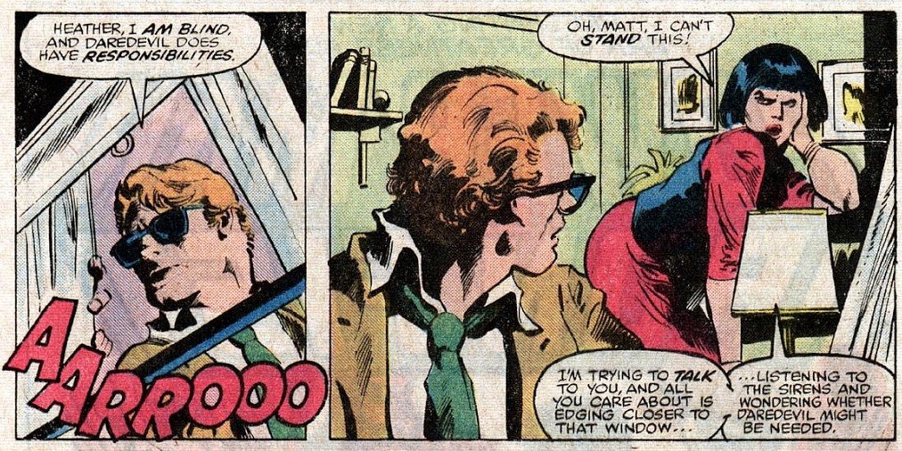 ...Daredevil reveals his identity to Glenn and becomes partially responsible for the suicide of her father; their relationship would persist but would prove increasingly harmful to both of them.Via WikipediaDD #157