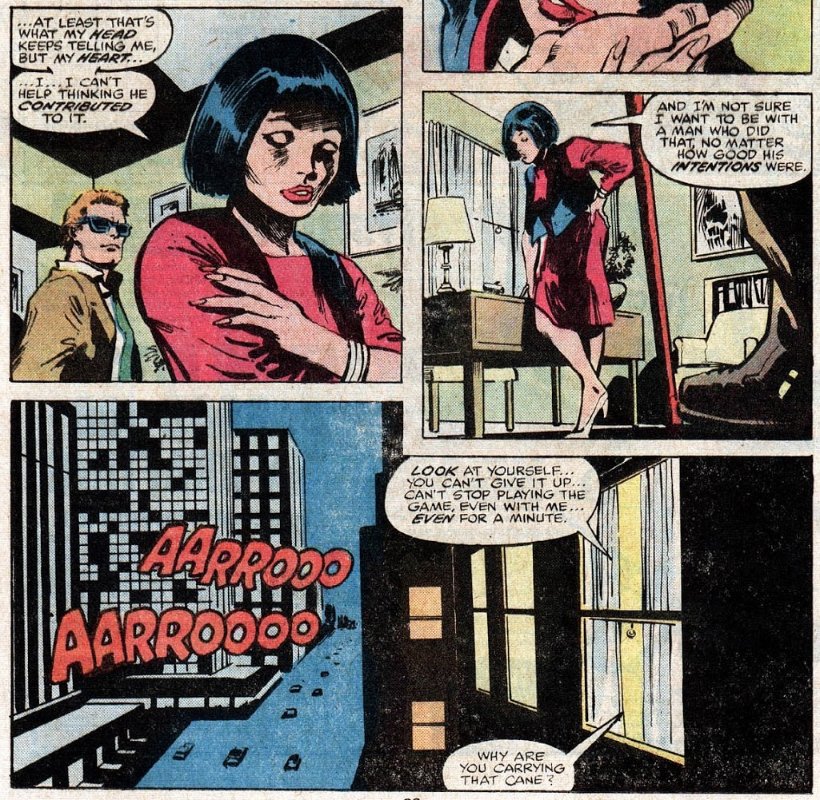 ...Daredevil reveals his identity to Glenn and becomes partially responsible for the suicide of her father; their relationship would persist but would prove increasingly harmful to both of them.Via WikipediaDD #157