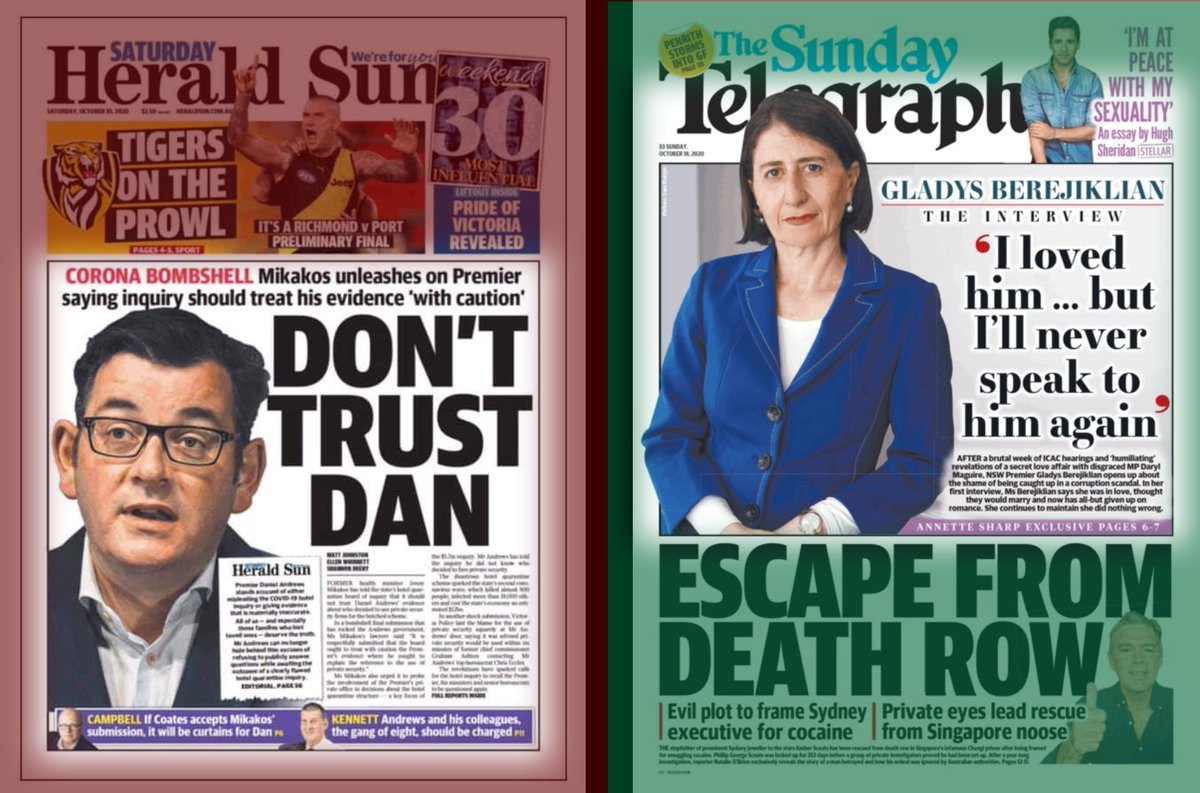 One set a record for beating a #COVID19 second wave, the other is embroiled in a mind-blowing corruption scandal. Murdoch's 'Evil Dan / Poor Gladys' narratives — the rest of the media are emulating it and it's a scandal. #MurdochRoyalCommission #ThisIsNotJournalism