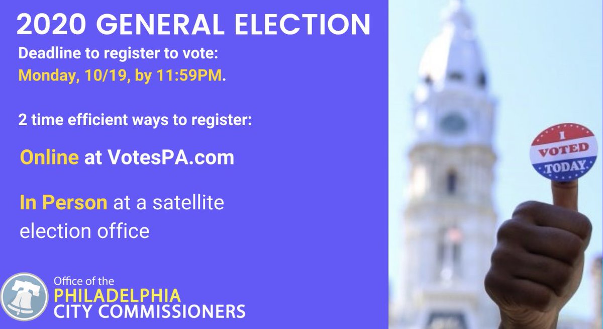 PhillyVotes's tweet photo. PHILLY! Tomorrow, 10/19, is the last day for to register to vote or make any updates. 

You can register online at https://t.co/k5wI4rV1k8, or visit one of our satellite election offices. Our 520 N. Columbus Blvd. office will stay open until 12AM tom. ➡️ https://t.co/jVlieYUsNC https://t.co/yxVC94bA7B
