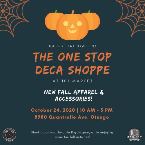 🔷The One Stop DECA Shoppe🔷 is going to be at 101 Market Saturday (10/24) at 10-5PM! Stop by to grab some 🎃pumpkins🎃and check out some new Royals gear!
