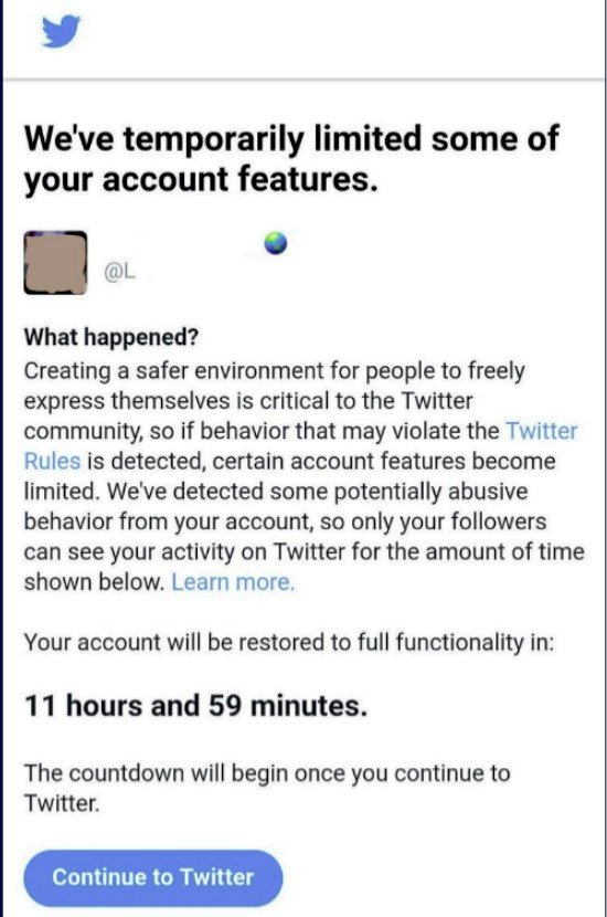  #TwitterJail/ #TimeOut is a little better than  #suspension,in that you can  #DM your followers, but nothing elseUnlike suspension, account appears normal to your followersUsual "lockup" time 12 to 24 hours, can be longer #TwitterTips  