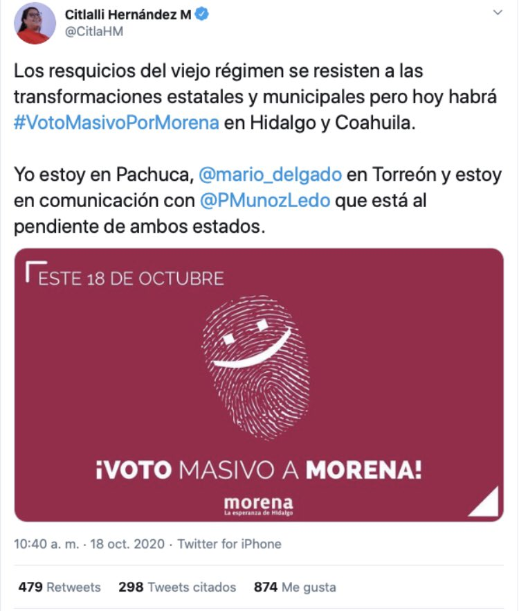SenderoDerecha's tweet photo. Member of the Mexican's official party (Morena) @CitlaHM breaking the law on the election day.

According to law, she should receive a penalty of two years in prison. https://t.co/vxnbv4y80u