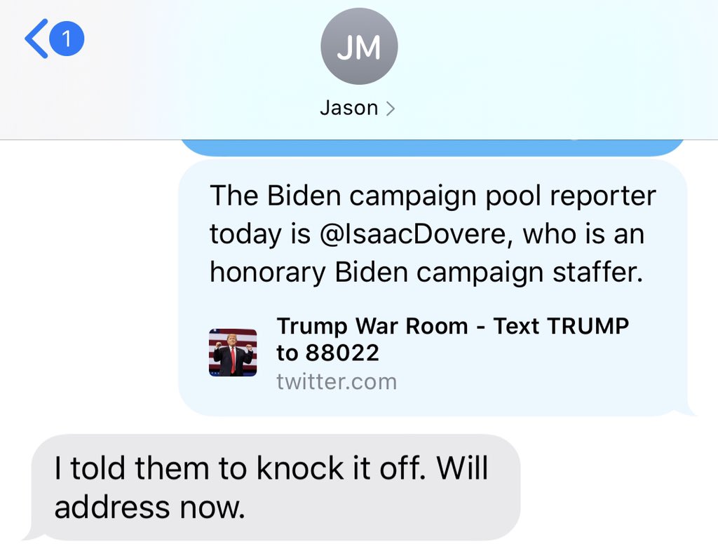 Here’s Trump campaign senior adviser  @JasonMillerinDC in a text earlier saying that he didn’t approve of the Trump campaign tweet in its latest show of attacking the press for their own tactical reasons: