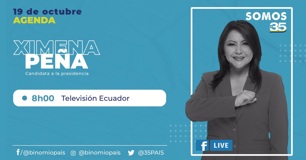 Mañana a las 8h00, no dejes de seguir la entrevista a Ximena Peña candidata a presidenta, vía Facebook live por @tvecuador donde nos dará detalles acerca de su propuesta de gobierno. #BinomioAP #SomosLa35