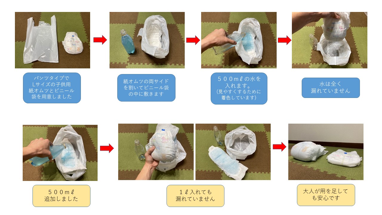 警視庁警備部災害対策課 子供が成長して使わなくなった紙オムツを 簡易トイレに代用できるか試してみました その結果 1ℓの水を入れても全く漏れませんでした 成人の平均的な尿の量は 1回200 300 と言われているので 充分トイレの代わりに 警視庁警備部災害対策課 子供が成長して使わなくなった紙オムツを 簡易トイレに代用できるか試してみました その結果 1ℓの水を入れても全く漏れませんでした 成人の平均的な尿の量は 1回200 300 と言われているので 充分トイレの代わりに