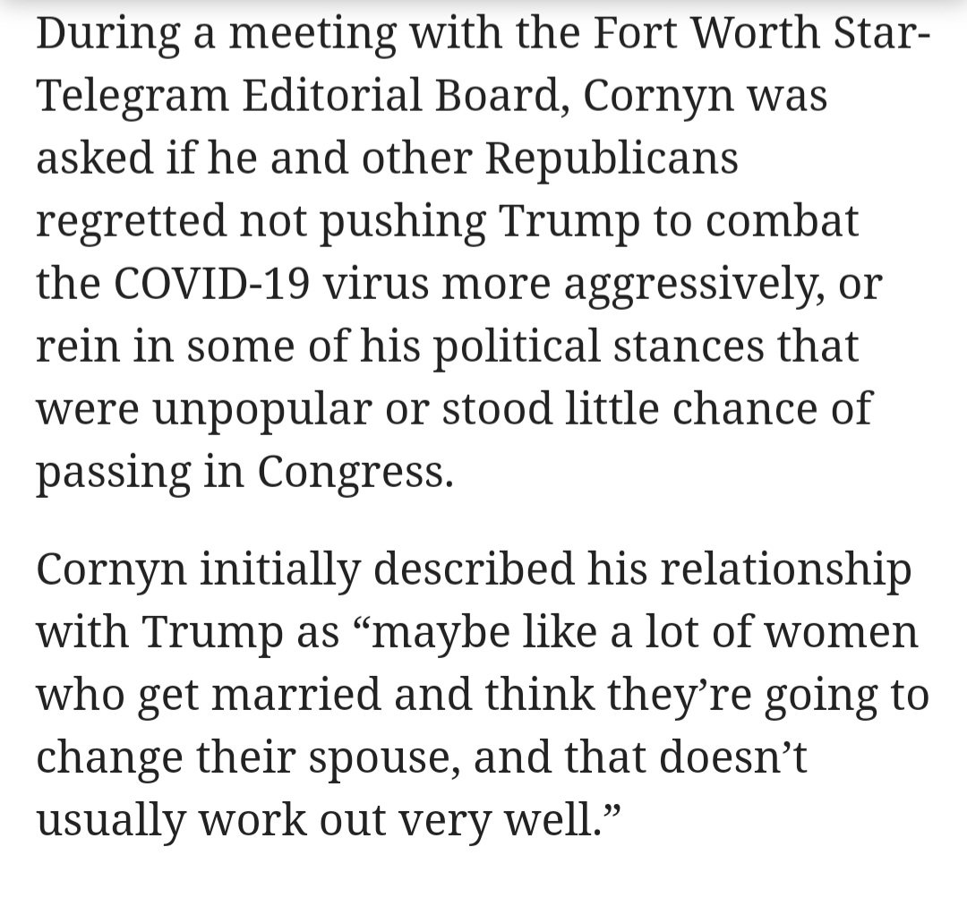 indivisibleHOU's tweet photo. John Cornyn made this ridiculous misogynist excuse for his cowardly covering of 45's orange ass for four long years. https://t.co/yzdFuHx3j4