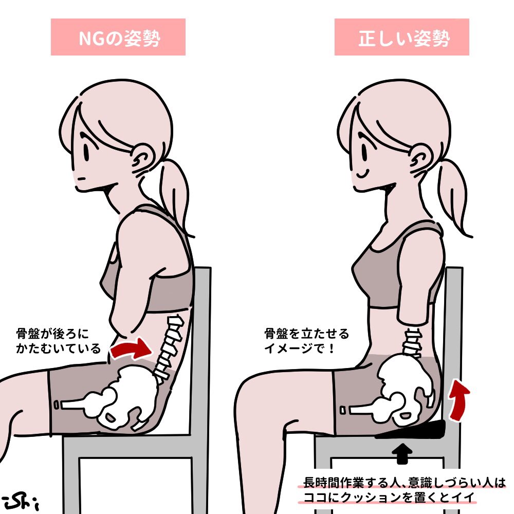おはようございます!げつげつ月曜日!
1週間の始まりは良い姿勢から!ということで正しい姿勢の作り方を。ポイントは「肩甲骨を寄せて下げる」「骨盤を立てる」の2つ!正しい姿勢で今週もがんばりましょ〜