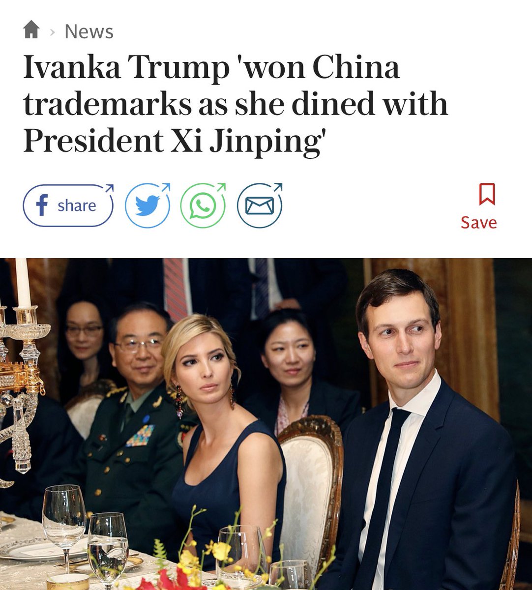 In April 2017, the Chinese government literally approved three trademarks for Ivanka the moment she sat down to dinner with President Xi. The  #ComplicitGOP winked at this criminality & from that moment on the  #TrumpCrimeFamily knew they had a greenlight for unlimited  #corruption.