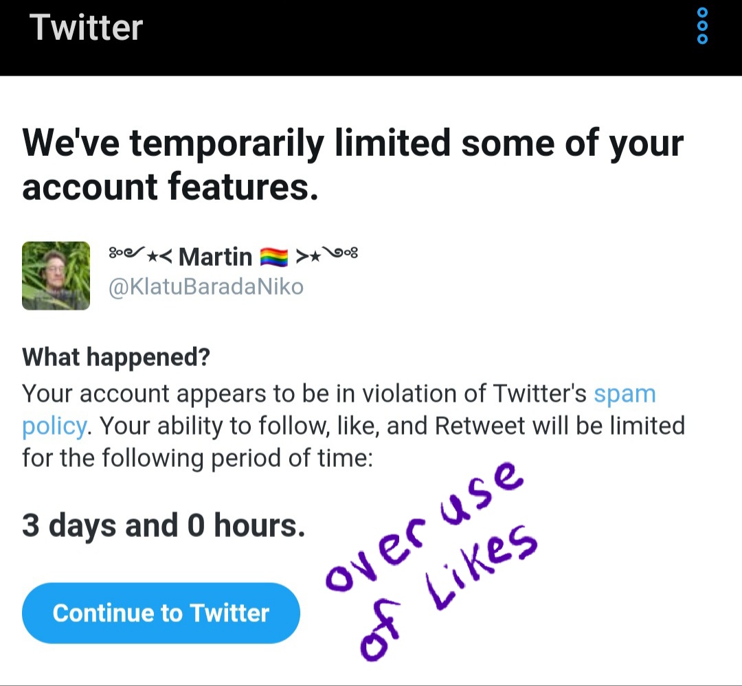 Newest penalty as of March is  #3DayThrottle & least understood:mistaken for  #TwitterJail by mostbut least harmful of all penalties as you can still do EVERYTHING including follow, just  s l o w e r Caused by furious follows,  #likes, exceeding  #DailyLimit #TwitterTips  