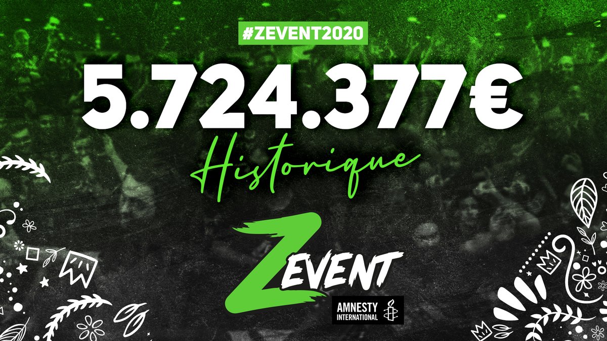 Ce #ZEVENT2020 a officiellement amassé 5.724.377 euro de dons pour @amnestyfrance . Merci à tous pour votre mobilisation. Merci à tous pour votre confiance. Merci à tous pour votre énergie. On se retrouve au #ZEVENT2021 ... ?