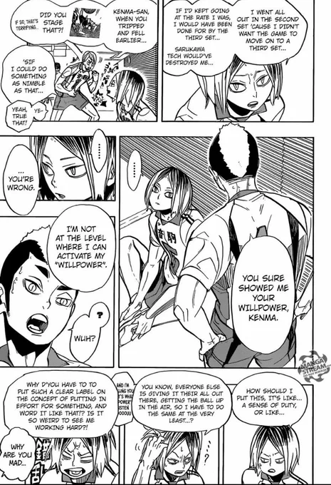 I can't wait for this scene to be animated. Like hello, look at Kenma losing his cool and admitting that he did it for his "friends". Kuroo offering him bananas and Taketora and Fukunaga spreading their arms out to give him a hug. This scene is just too wholesome. ? 