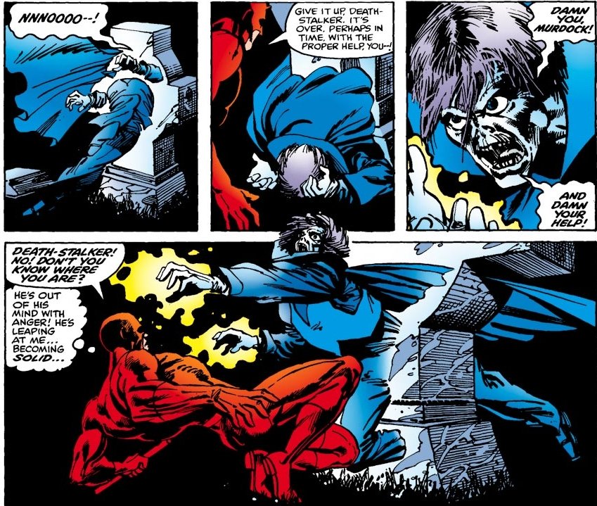 McKenzie's work on Daredevil reflected his background in horror comics, and the stories and even the character himself took on a much darker tone: Daredevil battled a personification of death, one of his archenemies was bifurcated by a tombstone,Daredevil Vol 1 #158May, 1979
