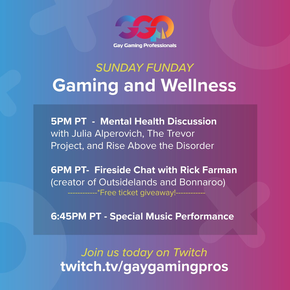 Can't wait to see y'all today at 5pm PT for our Sunday Funday celebration, talking about Mental Health and Gaming! Plus, stick around for a chat with Rick Farman (Outsidelands) and closing out with a special music performance! #ComingOutMonth <a href="/YouAreBRAD/">RiseAboveTheDisorder</a> <a href="/TrevorProject/">The Trevor Project</a>