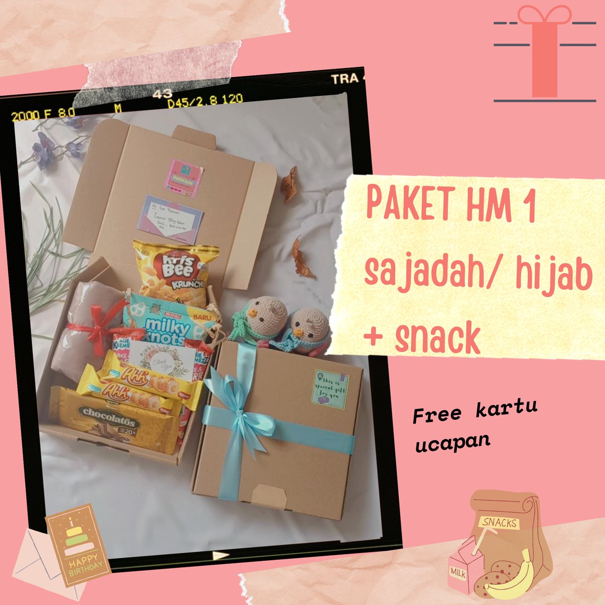 hii buat kalian yang bingung cari kado buat doi /ulang tahun/  anniversary ,aku jual SNACKBOX / giftbox mulai dari 17k aja &amp; bisa request sesuai budget , 
kelebihan dari kita 
-box kokoh
-free bubble wrap
-free kartu ucapan juga 💓 
-cuma 1-2 hari kerja😉