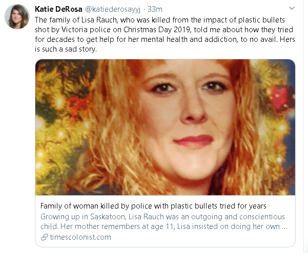 police_canadian's tweet photo. Trigger-Happy VicPD shot Lisa with 3 plastic bullets;
- 2 struck back of head
- 1 struck near her neck
While Lisa sat on couch; her back to police!
After Lisaβs death #CopCoverUp #IIO lied to her family; said Lisa ran at cops with knife.
Police Shot Blind To Kill Smokey Ghost https://t.co/Z3dzvtQqfZ