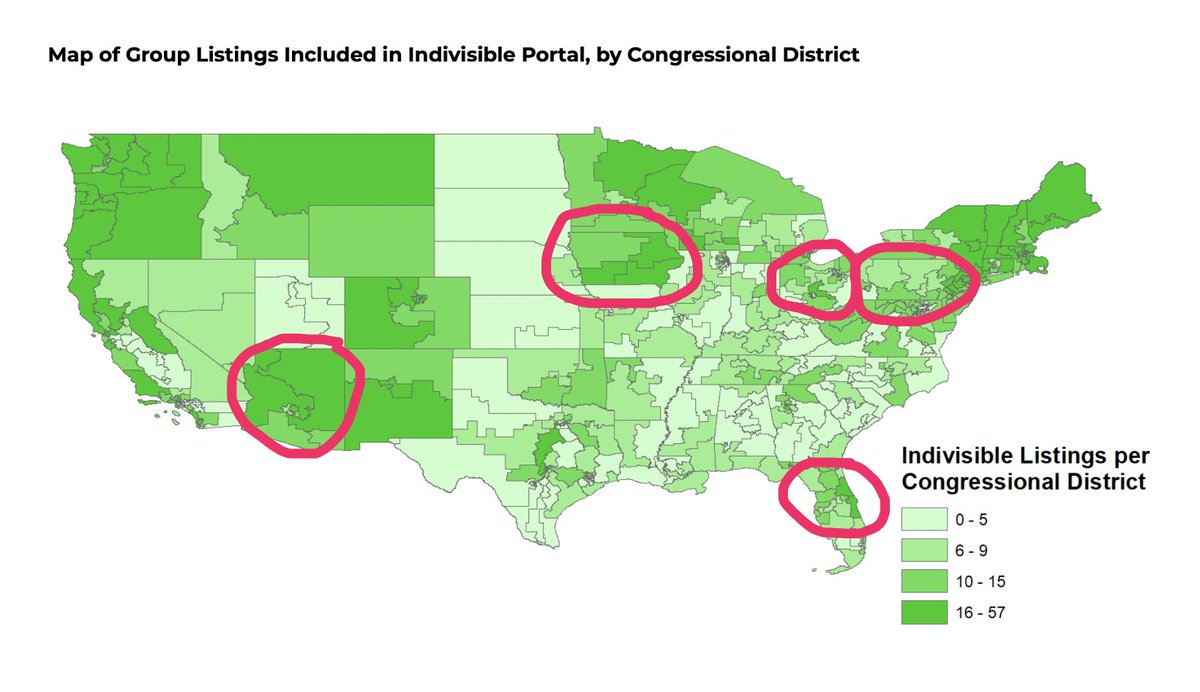 In our article we used the # of listings submitted to the Indivisible portal in 2017-18 as a rough indicator of the intensity of grassroots activism. See below some of the regions usually colored red on maps where those indicators were high. Don't sleep on rural local organizing!