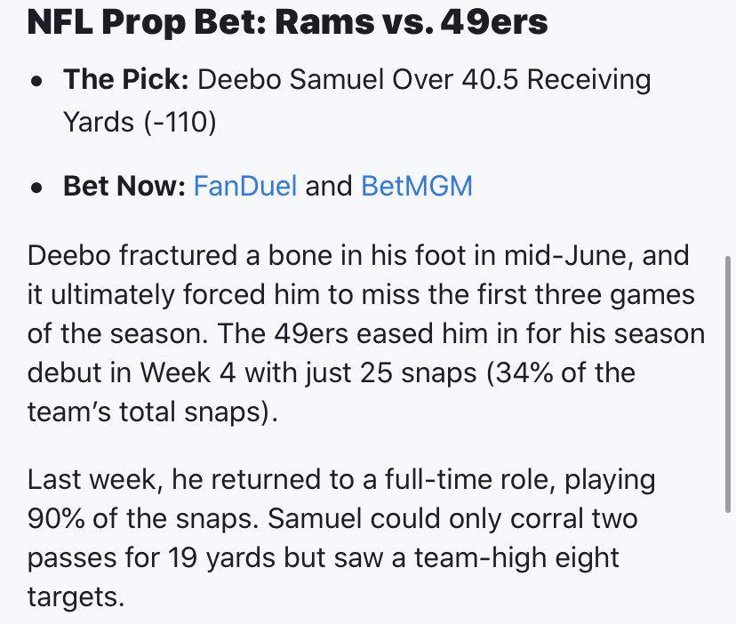 Cashing a prop before the 1st quarter ends >>>
Deebo Samuel over 40.5 receiving yards ✅