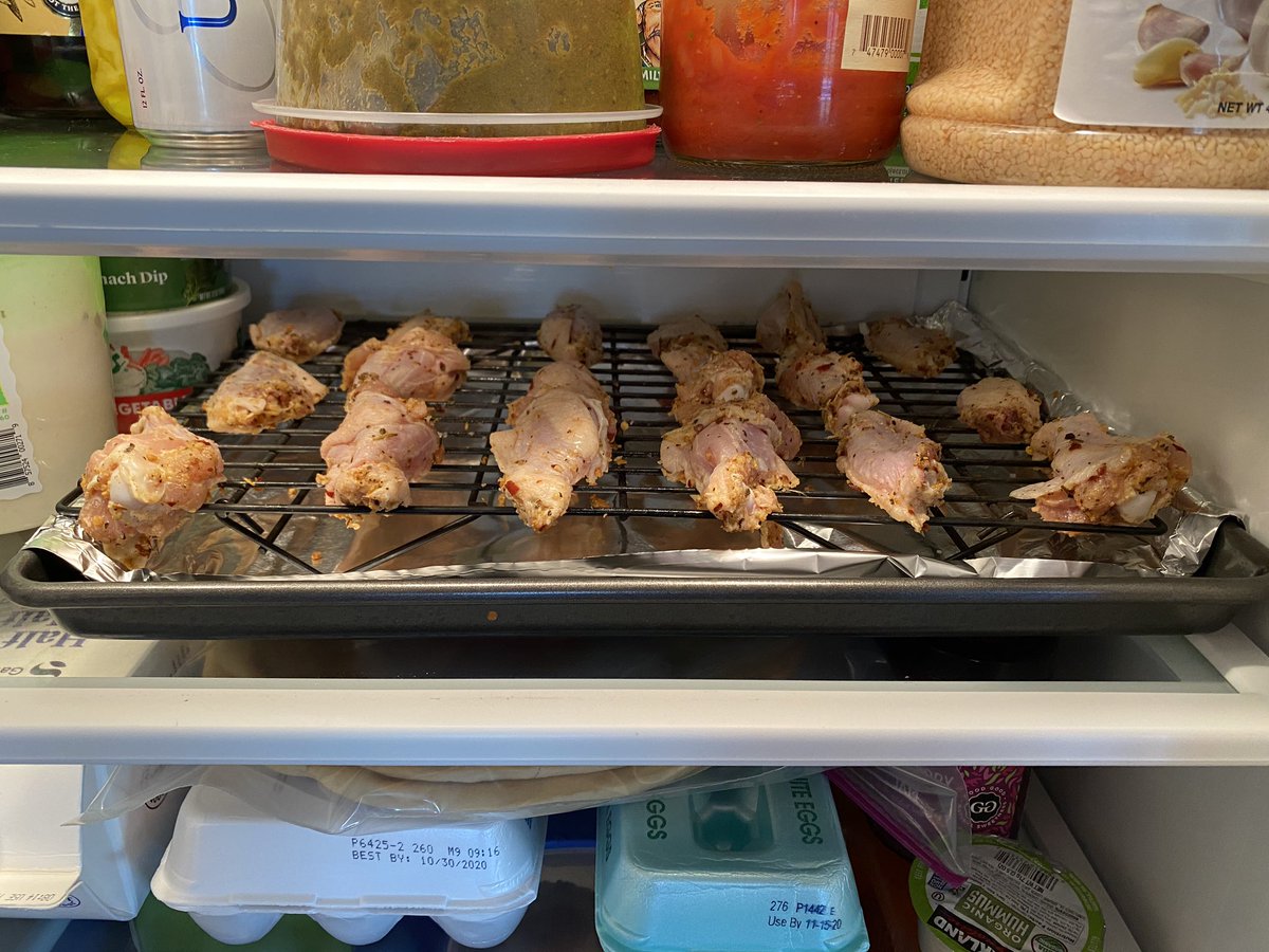 Recipe-Day before you cook; salt and season your chicken, add enough baking powder to lightly coat and change the pH (secret to crispy oven wings)-Let chicken sit in fridge overnight on wire rack to dry out surface of the wingsThen we finish tomorrow