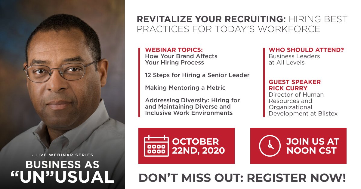 Are you addressing diversity in the workplace? Join us on Oct 22nd as Rick Curry, SPHR of <a href="/LoveMyBlistex/">Blistex</a> answers your questions and shares about hiring for and maintaining diverse and inclusive workforce environments. bit.ly/UnUsual
.
.
.
.
.
#EmployerBranding #Culture