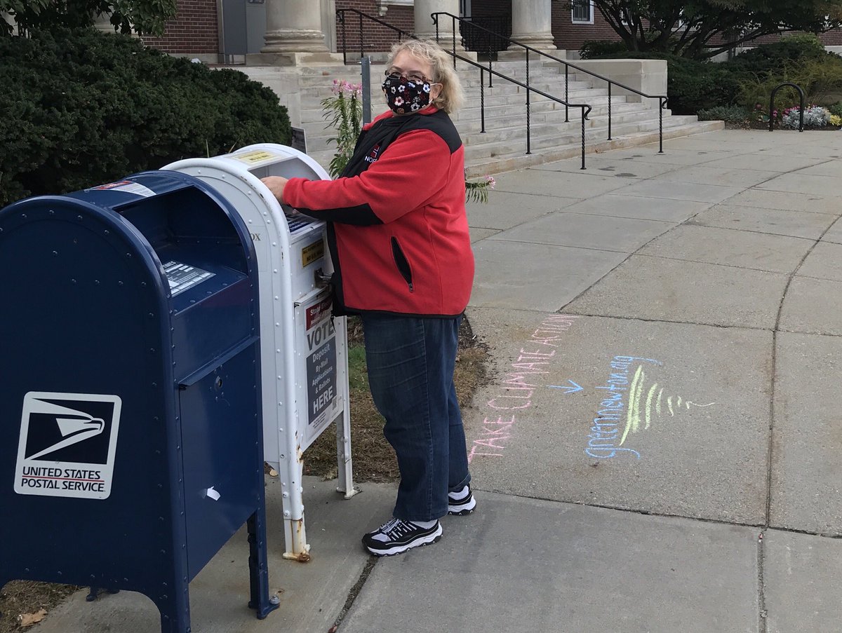 TravelingCEO's tweet photo. One of a steady stream of people dropping off ballots today in Newton. Swapped photos to mark the occasion &amp; we agreed it felt particularly important to vote. People have died for my right to vote, &amp; I honor their sacrifice. #2020Election #MAVote #MakeYourVoiceHeard https://t.co/FpkknYLAZe