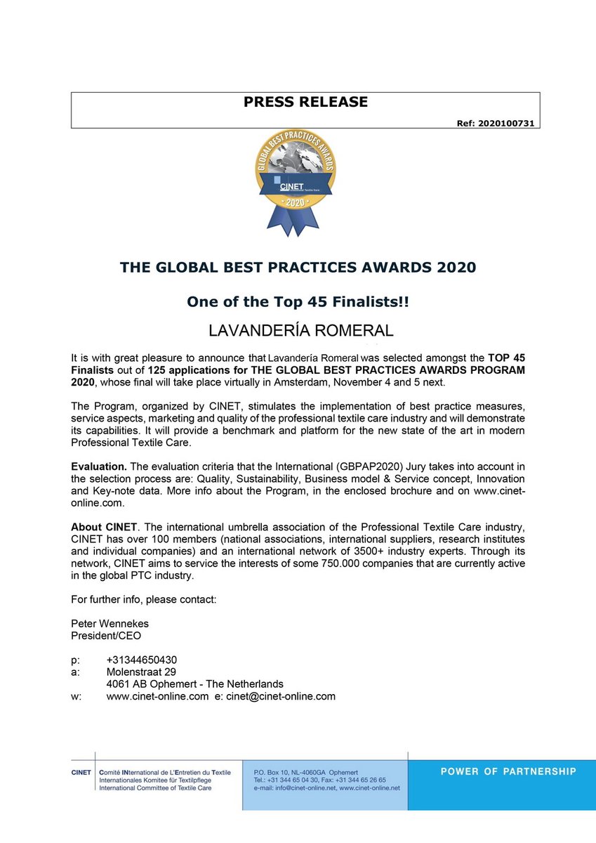 lavaenromeral's tweet photo. The Global Best Practice Awards of CINET 2020, una vez mas ROMERAL LAVANDERÍA INDUSTRIAL #lavaenromeral, ha sido seleccionada como finalista en los importantes #premios que otorga El Comité Internacional de la Limpieza @CINET_PTC  organización internacional que agrupa a mas https://t.co/O6heA6ANCj