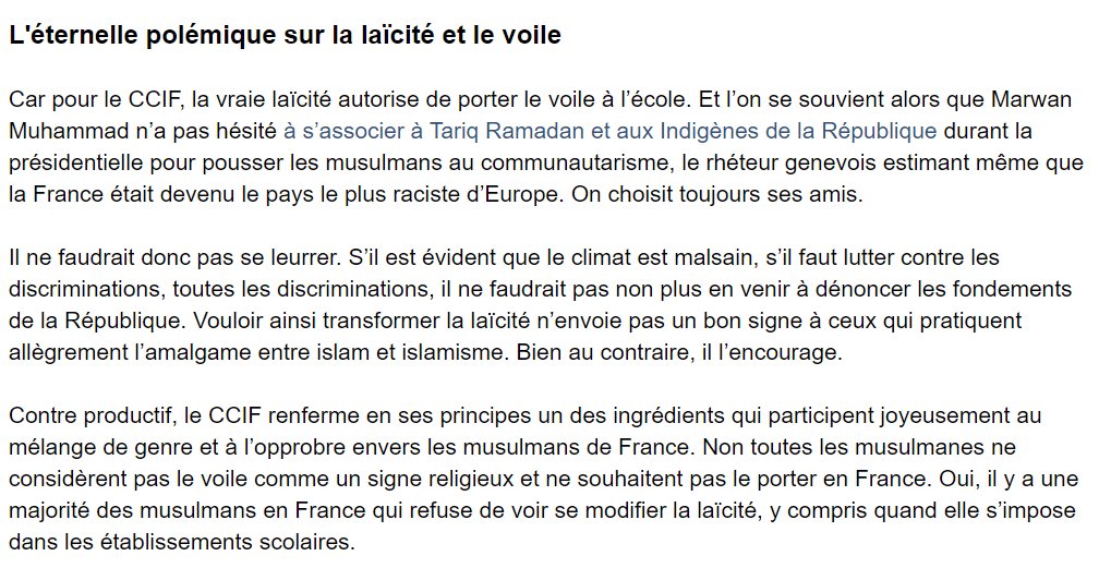 Le  @CCIF est aussi pour le port du voile à l’école. Pouvoir voiler des gamines dès l’école primaire, voilà qui est très progressiste ! http://leplus.nouvelobs.com/contribution/684181-lutte-contre-l-islamophobie-ce-que-le-ccif-ne-dit-pas-sur-lui-meme.html